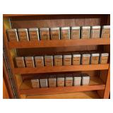 Spice containers only as shown. Assorted kitchen spice jars / containers suitable for pantry storage, replacement pieces, organizing, craft storage, or resale. Rack is not included.