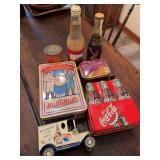 Advertising tins and bottles as shown. Assorted group includes vintage-style tins, bottles, and related advertising display pieces with grocery, household, and general store appeal. Suitable for adver