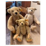 Three Steiff jointed teddy bears as shown. Collectible plush bear group with jointed arms and legs and traditional Steiff styling. Suitable for teddy bear collectors, Steiff collectors, display, or re