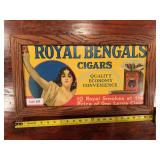 Royal Bengal Cigars framed advertising sign with cigar-themed graphics. Tobacco-related advertising collectible suitable for display in a collection, shop, bar, office, or man cave.
