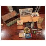 Deal of the Day #1 tobacco-related collectible group. Includes cigar boxes, cutters, advertising items, and related pieces as shown. Assorted group suitable for tobacco, cigar, and advertising collect
