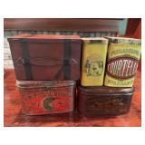 Five vintage tins as shown. Includes assorted advertising and storage tins with printed graphics and age-related wear. Decorative collectible group suitable for display.