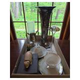 Flat of miscellaneous household and decorative items as shown. Assorted grouping includes small décor, useful household pieces, and related items suitable for resale, display, or general use.