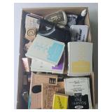 Flat of stamp pads and miscellaneous stamps as shown. Assorted crafting and scrapbooking group includes ink pads, decorative stamps, and related stamping supplies suitable for card making, journaling,