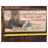 Shredded Wheat framed advertising print with vintage-style cereal and grocery graphics. Food-related advertising collectible suitable for general store, kitchen, pantry, or country store display. Some