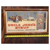 Uncle John’s Cane and Maple Syrup framed advertising print with vintage-style syrup and grocery graphics. Food-related advertising collectible suitable for general store, kitchen, pantry, country st