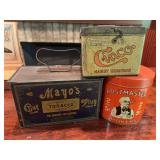 Three vintage tins as shown. Includes assorted advertising and storage tins with printed graphics and age-related wear. Decorative collectible group suitable for display.