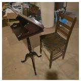 Antique chair with adjustable reading stand / lectern. Group includes wood chair and a separate angled-top stand suitable for holding a book, Bible, sheet music, or display material. Traditional wood 