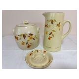 Three-piece Hall Autumn Leaf group including tall handled pitcher, covered jar, and small specialty dish. Pitcher marked “Special 60th Anniversary Autumn Leaf 1933 to 1993 – China Specialties Excl