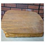 Woven Wood Lidded Basket. Rectangular split-wood basket with fitted wooden lid, rounded corners and woven sides; shows general age-related wear.