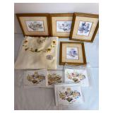 Collection of Hall Jewel Tea Autumn Leaf memorabilia including four framed Autumn Leaf prints titled Mixing Time, Tea and Cookies, Front Porch Lemonade and Another Day, an embroidered Autumn Leaf larg