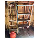 Group including wood step ladder, red plastic gas can and adjustable metal shelving unit as shown.