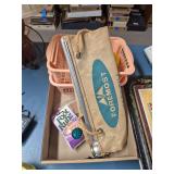 Vintage Household & Kitchen Miscellaneous. Mixed grouping includes Foremost canvas bag, Foot Fizz foot-massage item, metal cookware and utensils, EKCO Miracle French Fry Cutter in box, Palmer’s Stri