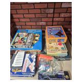 Vintage Board Games, Kite Kit, Dominoes & Kaleidoscope. Mixed game grouping includes Trouble, Sorry!, Candy Land, dominoes, soft-point dart game, The Great Kite Book & Kit, Illusion kaleidoscope and a