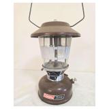 Coleman Model 275 Double-Mantle Lantern – Marked 6/78. Brown painted fount with matching brown porcelain ventilator, clear Coleman globe with frosted center band and wire bail handle; shows age-rela