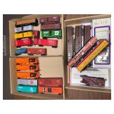 3 flats of HO scale train cars