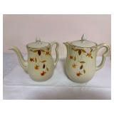 Two Hall Autumn Leaf lidded coffee pots with ribbed bodies, floral decoration and gold trim. Both carry Hall’s Superior Quality Kitchenware markings; one is additionally marked “Jewel Tea Autumn L