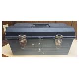 Large gray-and-black toolbox containing gun cleaning supplies as cataloged. Exterior shows metal draw-style latches and molded carrying handle.