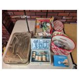 Vintage Sewing Notions, Sewing Boxes & Accessories. Assortment includes sewing boxes and organizers, wooden thread spools, scissors, notions, Simmon’s “Buttoner” button-attaching tool, storage t