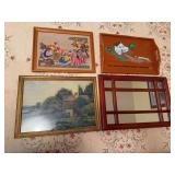 Group of four decorative pieces including framed needlework scene, framed cottage print, painted wooden tray and divided wood-frame wall mirror as shown.