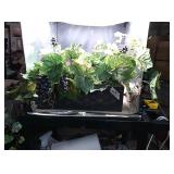 Grape and greenery floral decoration in basket.