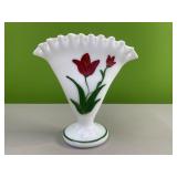 Fenton red flower milk glass vase