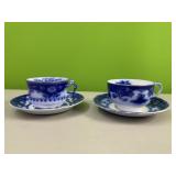 2 flow blue teacups and saucers
