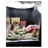 Box of Christmas  items.   Lots of ornaments,
