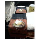3  cappuccino kitchen towels,  one pot holder,
