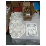 Misc- Mason jar picture, two doilies, box of