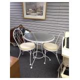 Iron , glass top Cafe table with two chairs