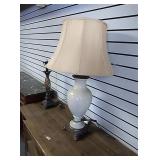 Tan glass decorative  lamp  with shade approx 32"