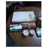 Old boxes and tin. Some still have original