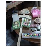Box of Easter  decor and wood Easter rabbit yard