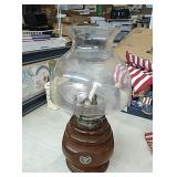 Wood bottom oil lamp with glass globe approx 13"