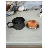 Tin cup candle holder and tin plate with caramel
