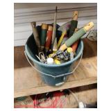 Bucket of misc Garden Tools ,Sprayers, etc