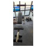 Weight bench,  weights,  bar, barbell, dumbbells