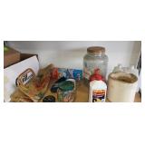 Contents of Shelf, charcoal lighter fluid glass