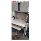 Computer desk with overhead storage and keyboard