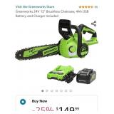 New- Greenworks 24V 12" Brushless Chainsaw, 4Ah