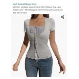 Women Vintage Square Neck Short Sleeve Top Lace