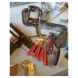Bucket of Misc Tools c- Clamps Etc