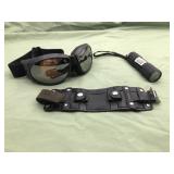 Riding glasses, leather arm cuff, led flashlight
