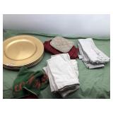 Plastic plates, fabric napkins, pot holders