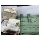 4 bath towels, racks, shower curtain, hand