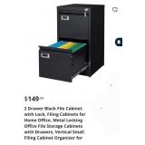 2 Drawer Black File Cabinet with Lock, Filing