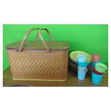 Vintage Picnic Basket with Plates,Cups &