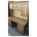 2 PC Oak Desk Unit Hutch Top Storage   63" Wide