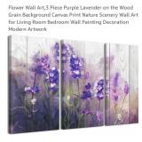 NEW 3 Pc Purple Flowers on Wood Grain Background,